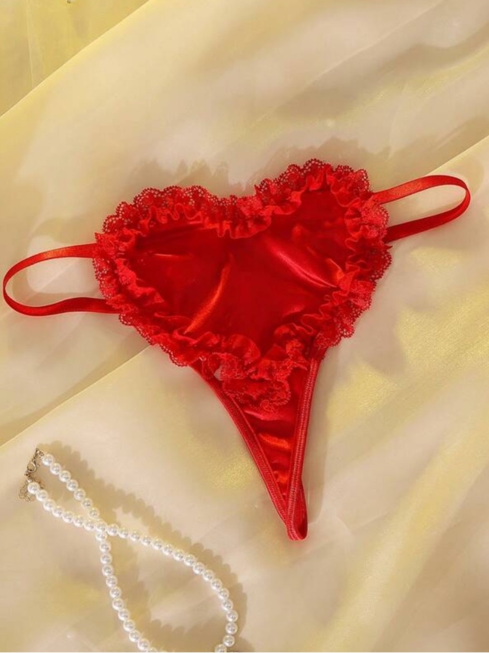 Heart-Trim Satin Thong Panty - Red